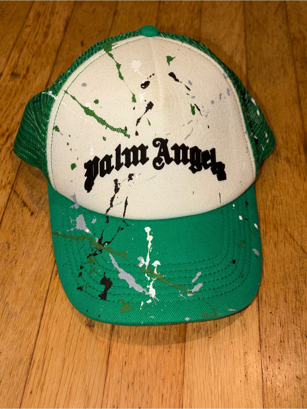 [AUTHENTIC] Palm Angels Green and White Paint-Splatter Trucker Cap